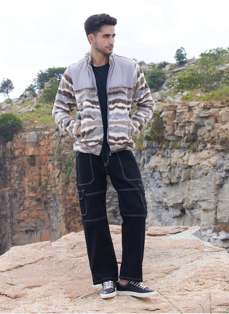 كامبوس سوترا - Men's Light Grey & Chocolate Brown Camouflage Sherpa Zip-Front Jacket - Image 1