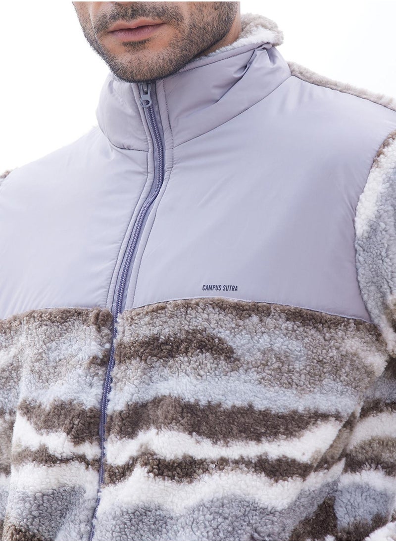 كامبوس سوترا - Men's Light Grey & Chocolate Brown Camouflage Sherpa Zip-Front Jacket - Image 1