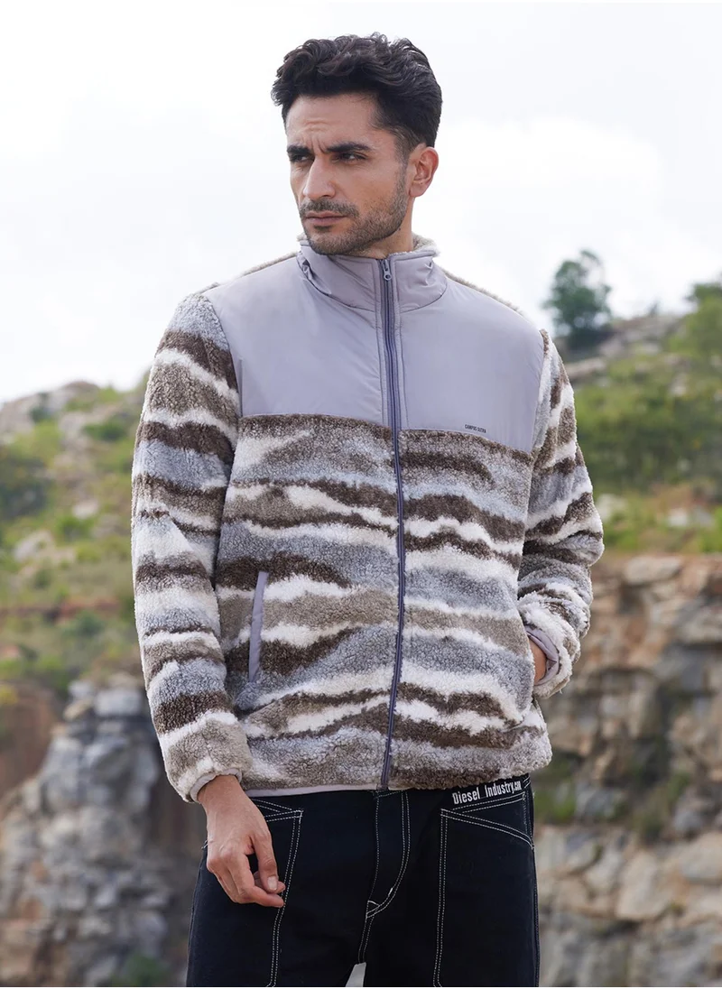 Campus Sutra Men's Light Grey & Chocolate Brown Camouflage Sherpa Zip-Front Jacket