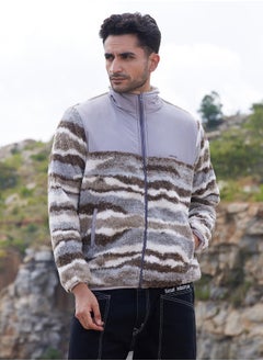 Campus Sutra Men's Light Grey & Chocolate Brown Camouflage Sherpa Zip-Front Jacket  - Image 2