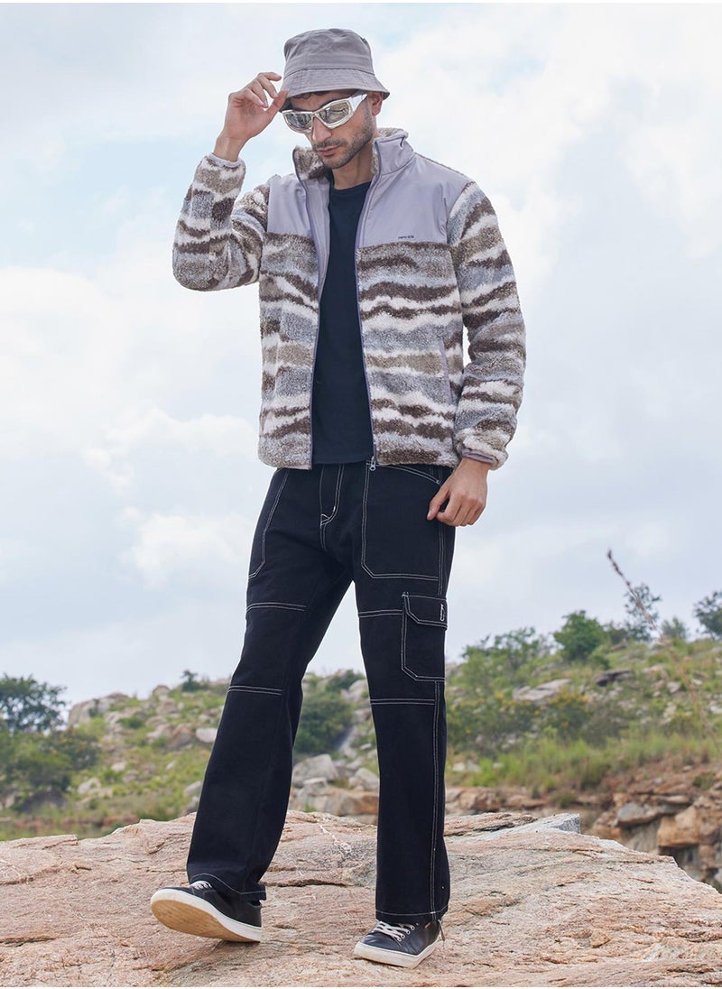 كامبوس سوترا - Men's Light Grey & Chocolate Brown Camouflage Sherpa Zip-Front Jacket - Image 1