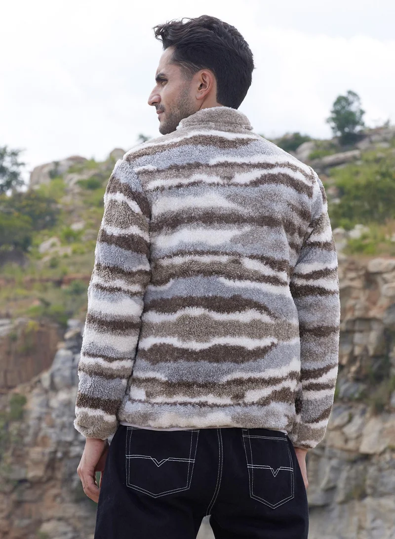 Campus Sutra Men's Light Grey & Chocolate Brown Camouflage Sherpa Zip-Front Jacket