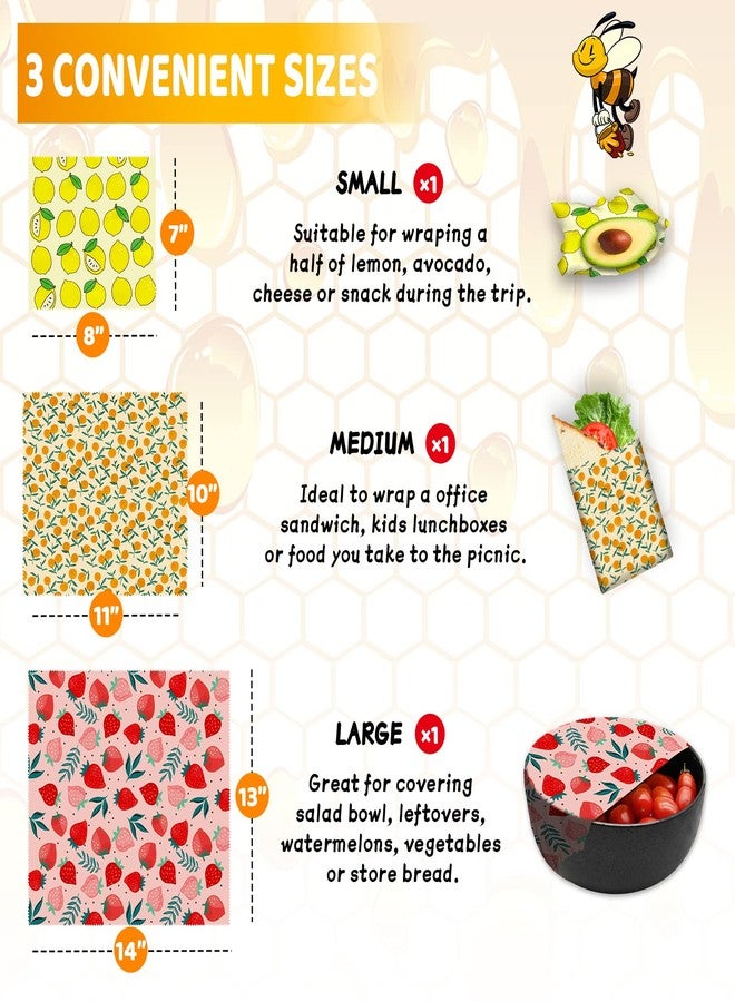 PICcircuit Beeswax Wrap - 3 Pack, Beeswax Wraps For Food, Organic, Sustainable, Biodegradable, Zero Waste, Reusable Beeswax Food Wrap, 1L Strawberry, 1M Orange, 1S Lemon Patterns - Image 3