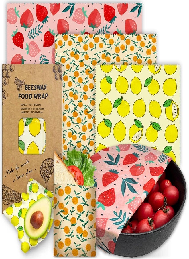 PICcircuit Beeswax Wrap - 3 Pack, Beeswax Wraps For Food, Organic, Sustainable, Biodegradable, Zero Waste, Reusable Beeswax Food Wrap, 1L Strawberry, 1M Orange, 1S Lemon Patterns - Image 1