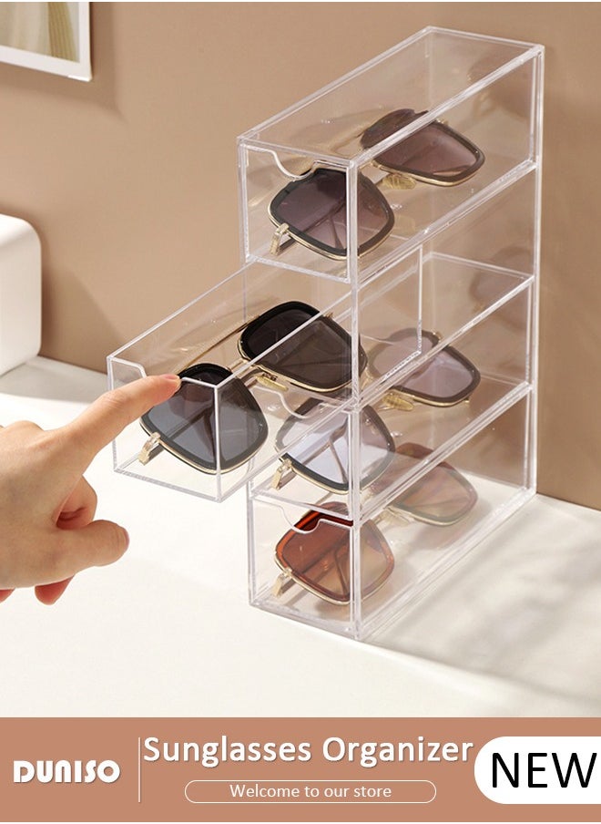DUNISO Sunglasses Organizer, Acrylic Sunglasses Case Storage Box with 4 Clear Divided Drawers, Stackable Clear Eyeglass Case, Eyeglass Storage Display Holder, Makeup Display Organizer for Sunglasses/Eye Glass/ Jewelry/ Cosmetic/ Watch/ Eyeshadow  - Image 1