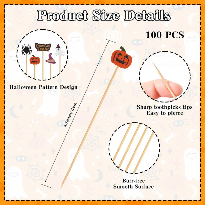 Leislam Halloween Toothpicks, 100 PCS Halloween Toothpicks for Appetizers, Halloween Cocktail Picks, Bamboo Food Sandwich Skewers Drinks Dessert for Charcuterie Board Halloween Party Decorations Supplies - Image 2