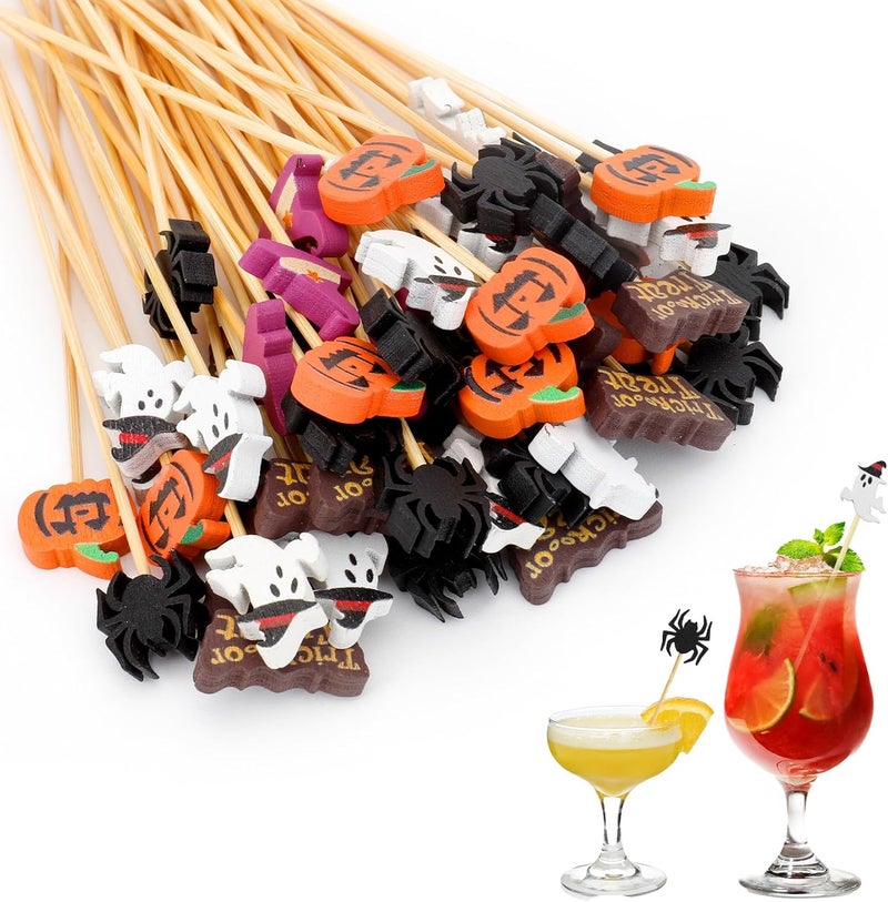 Leislam Halloween Toothpicks, 100 PCS Halloween Toothpicks for Appetizers, Halloween Cocktail Picks, Bamboo Food Sandwich Skewers Drinks Dessert for Charcuterie Board Halloween Party Decorations Supplies - Image 1