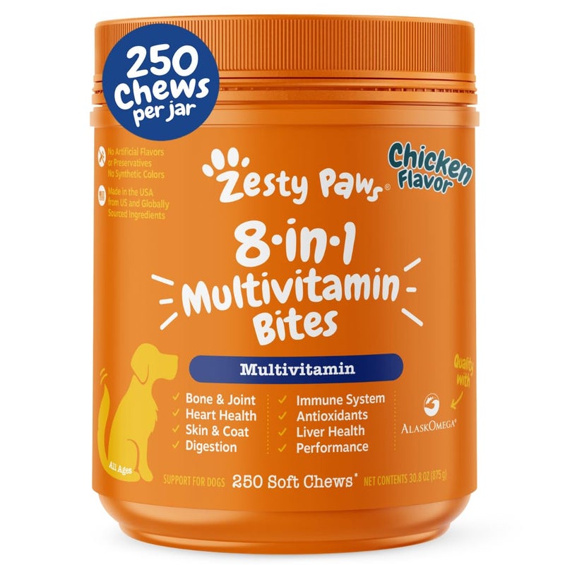 Zesty Paws Dog Multivitamin, Chewable Dog Vitamins and Supplements for Hip & Joints, Skin & Coat, Omega 3 Fish Oil for Dogs- Senior & Puppy Multivitamin - Chicken- 250ct - Image 1