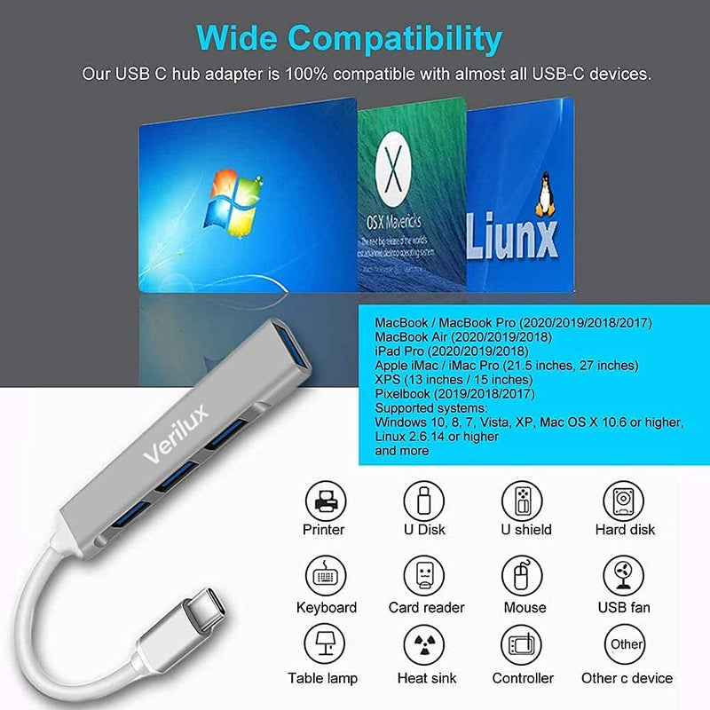 Verilux ® USB C Hub Multiport Adapter with 4 High Speed 3.0 USB for Laptop USB Type C Hub for MacBook Pro Air C-Type Smartphones Extender with Multi Port for Laptop Type-C Devices - Image 4