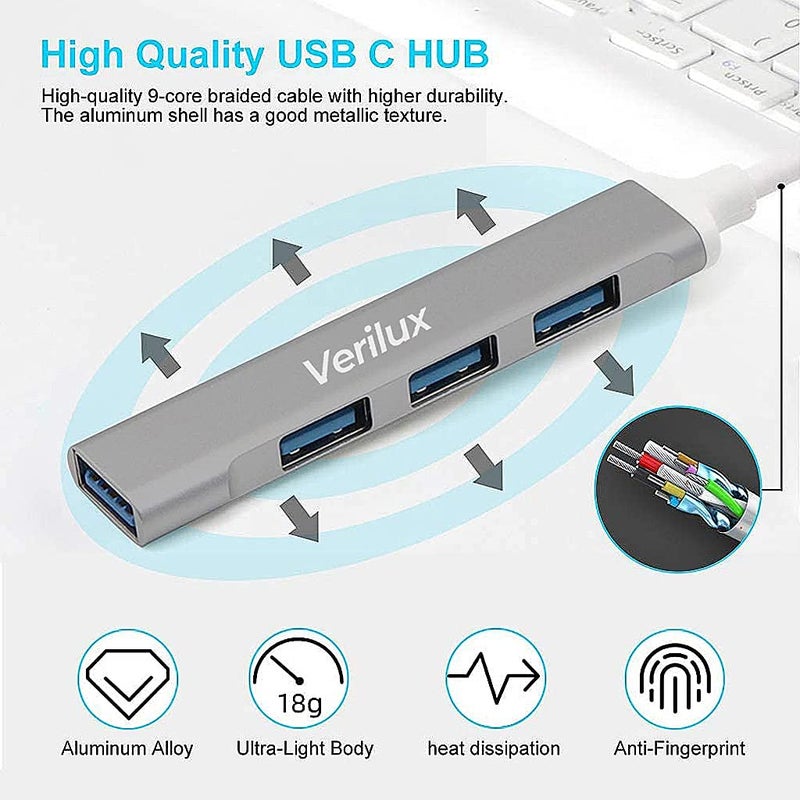 Verilux ® USB C Hub Multiport Adapter with 4 High Speed 3.0 USB for Laptop USB Type C Hub for MacBook Pro Air C-Type Smartphones Extender with Multi Port for Laptop Type-C Devices - Image 3