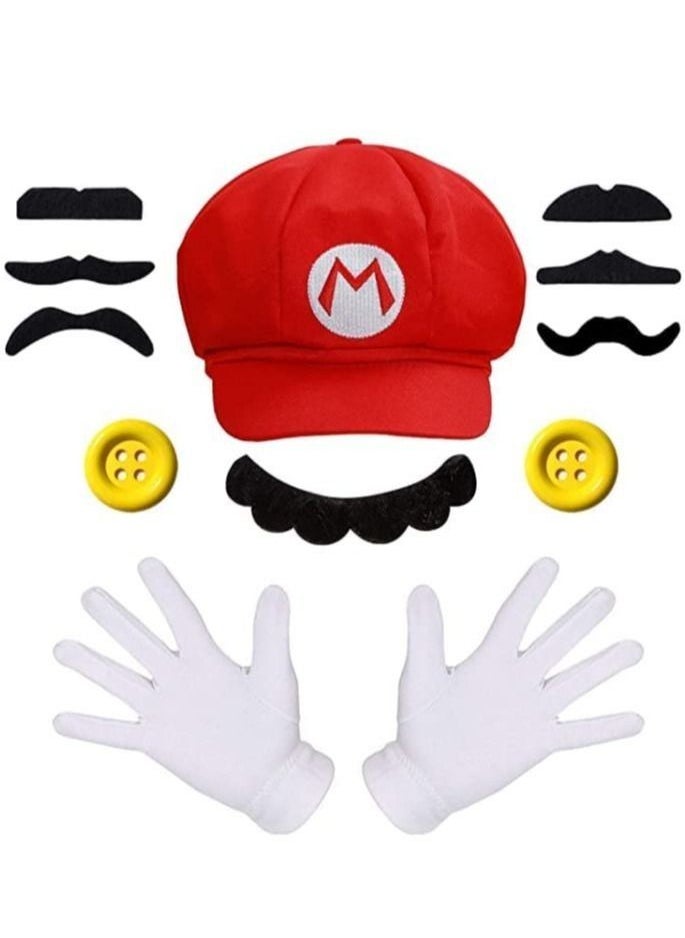 Beauenty - Super Mario Costume Kits Men Mario Hat White Gloves Mustache Buttons Carnival Costume Mario - Image 1