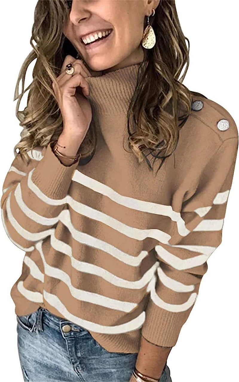 KIRUNDO Fall Sweaters for Women 2026 Striped Turtleneck Ribbed Knit Sweater Trendy Pullover Jumper Winter Fashion Clothing(Medium, Light Khaki) - Image 1