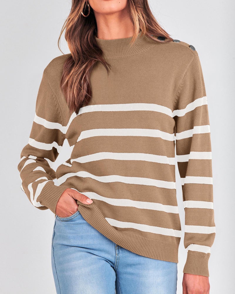 KIRUNDO Fall Sweaters for Women 2026 Striped Turtleneck Ribbed Knit Sweater Trendy Pullover Jumper Winter Fashion Clothing(Medium, Light Khaki) - Image 3