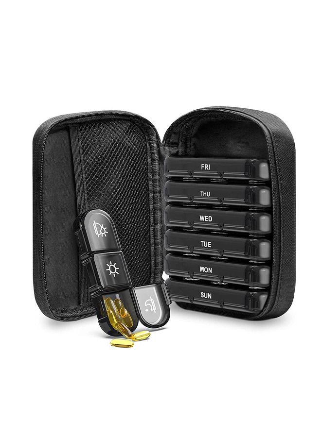 Generic Wallet Style Medicine Box, Canvas Bag, Weekly Pill Storage Box 3 Times A Day, Laptop Style Medicine Box For 7 Days, With Portable Zippered Cloth Bag For Storing Supplements Black  - Image 1