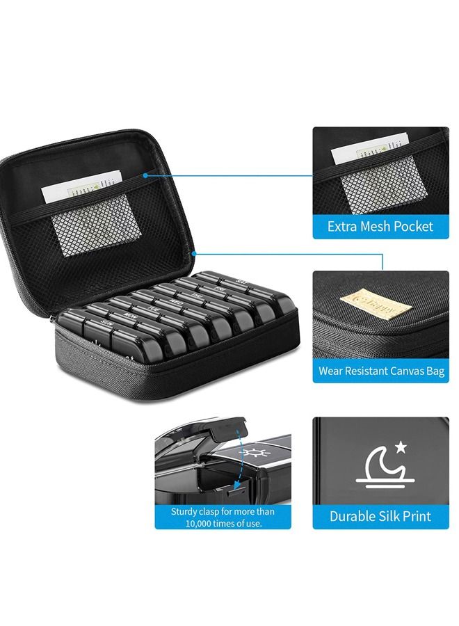Generic Wallet Style Medicine Box, Canvas Bag, Weekly Pill Storage Box 3 Times A Day, Laptop Style Medicine Box For 7 Days, With Portable Zippered Cloth Bag For Storing Supplements Black  - Image 3