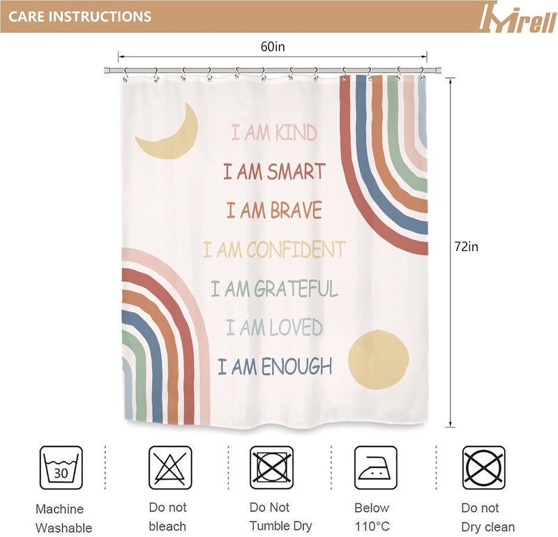 Imirell Kids Boho Rainbow Shower Curtain 60Wx72H Inches Inspirational Quotes Abstract Motivational Positive Teen Girls Women Pink Muted Moon Sun Fabric Waterproof Polyester 12 Pack Hooks Plastic - Image 3
