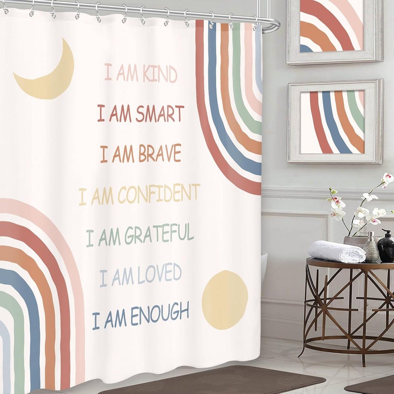 Imirell Kids Boho Rainbow Shower Curtain 60Wx72H Inches Inspirational Quotes Abstract Motivational Positive Teen Girls Women Pink Muted Moon Sun Fabric Waterproof Polyester 12 Pack Hooks Plastic - Image 2