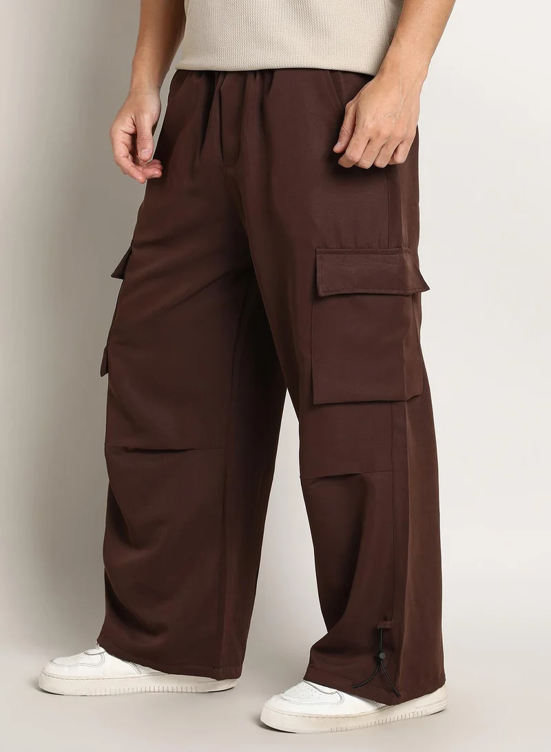 Campus Sutra Chocolate Brown Men's Chocolate Brown Parachute-Relaxed Cargo Trousers for Men | Best Price UAE