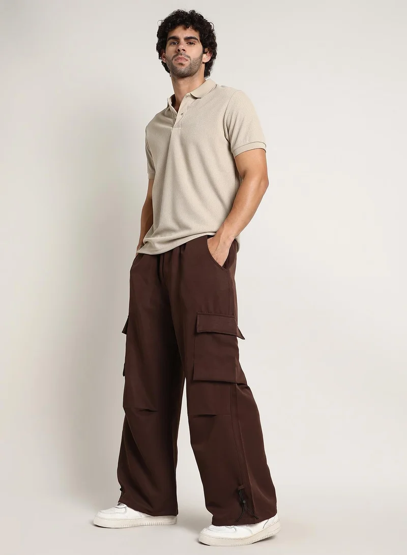 Campus Sutra Chocolate Brown Men's Chocolate Brown Parachute-Relaxed Cargo Trousers for Men | Best Price UAE
