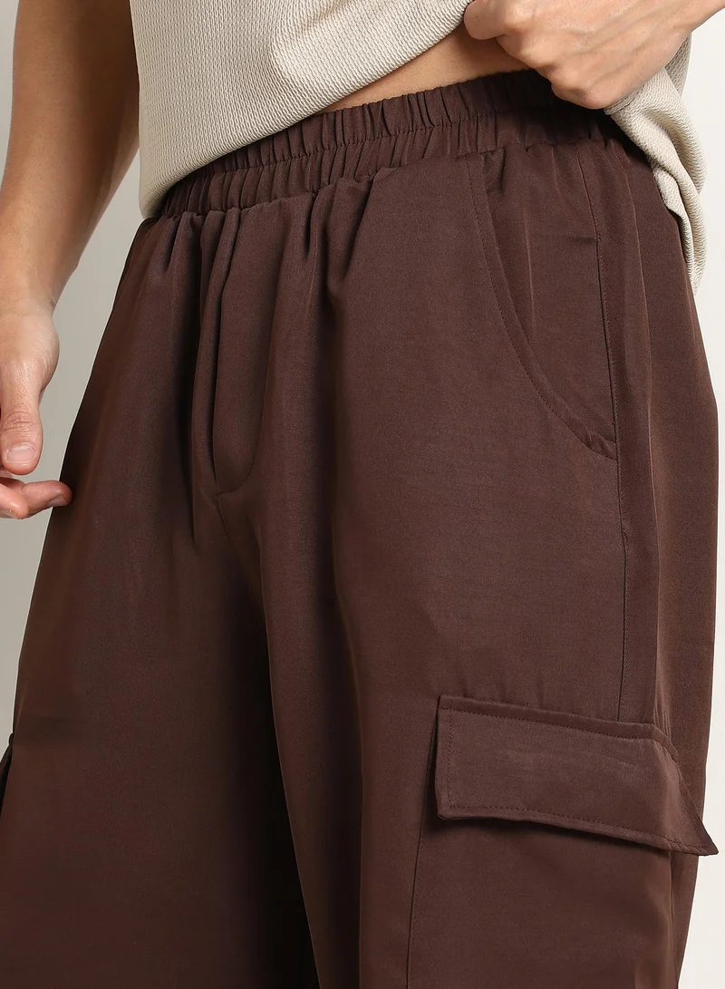 Campus Sutra Chocolate Brown Men's Chocolate Brown Parachute-Relaxed Cargo Trousers for Men | Best Price UAE