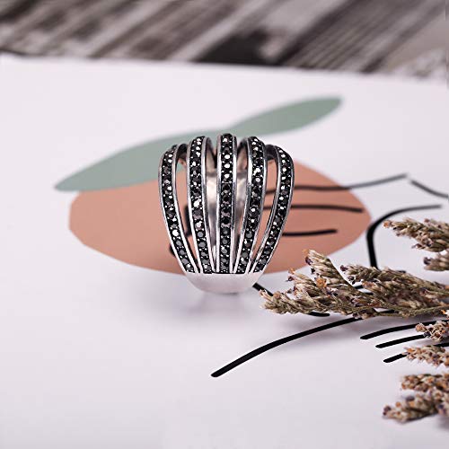 Mytys Vintage Wide Ring Classic Black Marcasite Crystal Rows Statement Silver Chunky Rings (Silver 4, 6) - Image 5