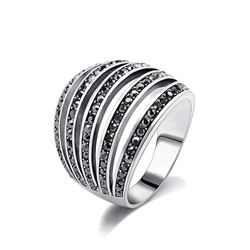 Mytys Vintage Wide Ring Classic Black Marcasite Crystal Rows Statement Silver Chunky Rings (Silver 4, 6) - Image 1