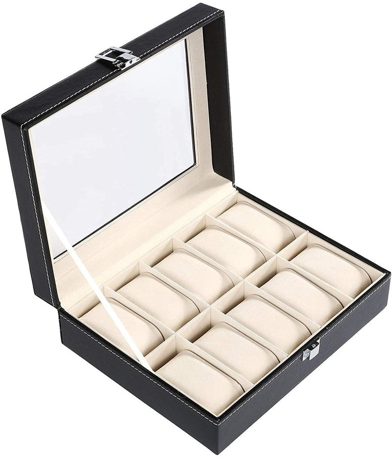 Styxon Watch Box 10 Slot Display Case Real Glass Organizer Storage with Pu Leather for Men and Women - Image 1