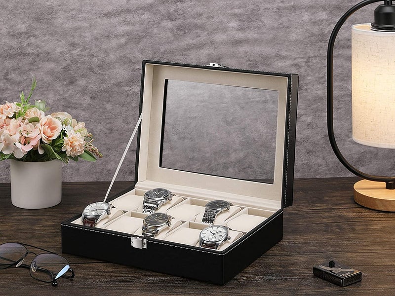 Styxon Watch Box 10 Slot Display Case Real Glass Organizer Storage with Pu Leather for Men and Women - Image 5