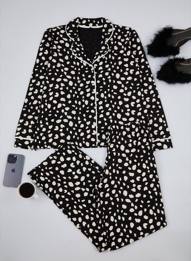 trendyol Black 100% Cotton Leopard Patterned Shirt-Pants Knitted Pajama Set THMAW21PT0489 