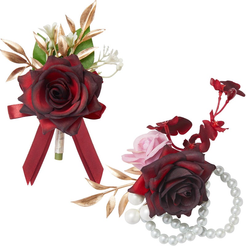 Serwalin Serwalin Burgundy Corsage and Boutonniere Set  Wrist Corsage for Prom and Boutineers for Men Wedding Artificial Flowers Rose Flowers for Homecoming Wedding Accessories - Image 1