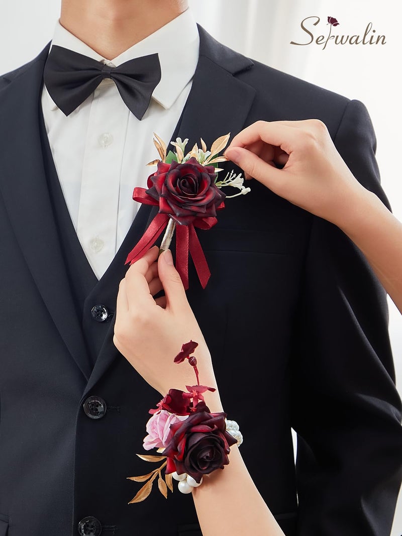 Serwalin Serwalin Burgundy Corsage and Boutonniere Set  Wrist Corsage for Prom and Boutineers for Men Wedding Artificial Flowers Rose Flowers for Homecoming Wedding Accessories - Image 2