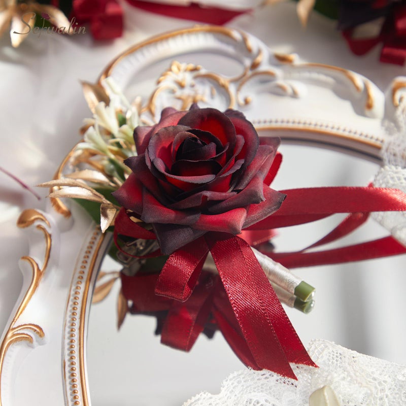 Serwalin Serwalin Burgundy Corsage and Boutonniere Set  Wrist Corsage for Prom and Boutineers for Men Wedding Artificial Flowers Rose Flowers for Homecoming Wedding Accessories - Image 5