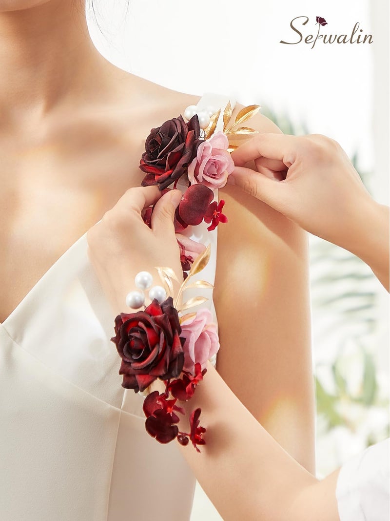 Serwalin Serwalin Burgundy Corsage and Boutonniere Set  Wrist Corsage for Prom and Boutineers for Men Wedding Artificial Flowers Rose Flowers for Homecoming Wedding Accessories - Image 3
