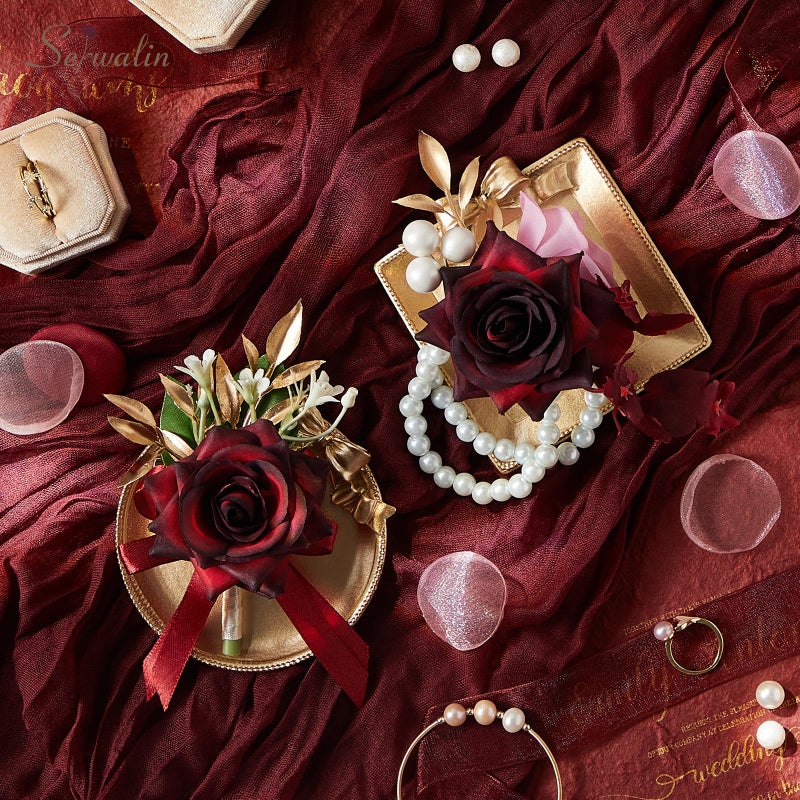 Serwalin Serwalin Burgundy Corsage and Boutonniere Set  Wrist Corsage for Prom and Boutineers for Men Wedding Artificial Flowers Rose Flowers for Homecoming Wedding Accessories - Image 4