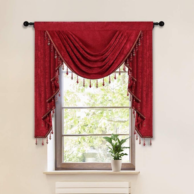 BURGUNDY RED VALANCE WITH BEADS FOR FESTIVAL HOLIDAYTHICK CHENILLE WINDOW CURTAINS VALANCE FOR LIVING ROOMROD POCKETW39INCH1 PANEL