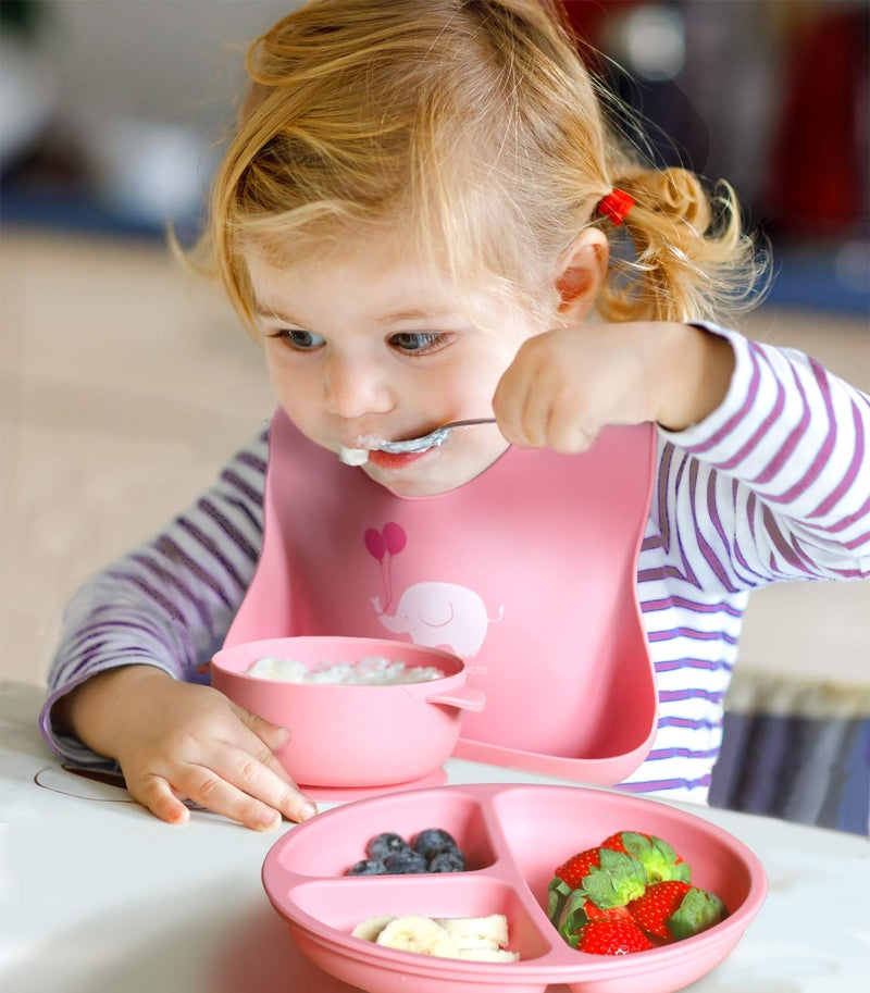 YMCF Products 2-Pack Waterproof Silicone Baby Bib Lightweight Comfortable Easy-Wipe Clean (Light Pink/Purple, Small) - Image 5