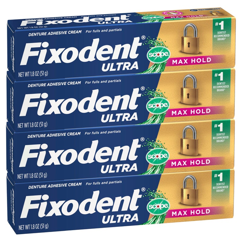 Fixodent Ultra Max Hold Plus Scope Secure Denture Adhesive for Full and Partial Denture Wearers, Blue, 1.8oz 4 Pack - Image 1
