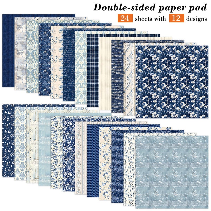 EAMOTOL 6 Inch Blue Floral Aesthetic Scrapbooking Paper Pad - 24 Sheets Double Sided Patterns for Background Photos Junk Journal Card Making Origami DIY Crafts Gifts Wrapping Material - Image 2