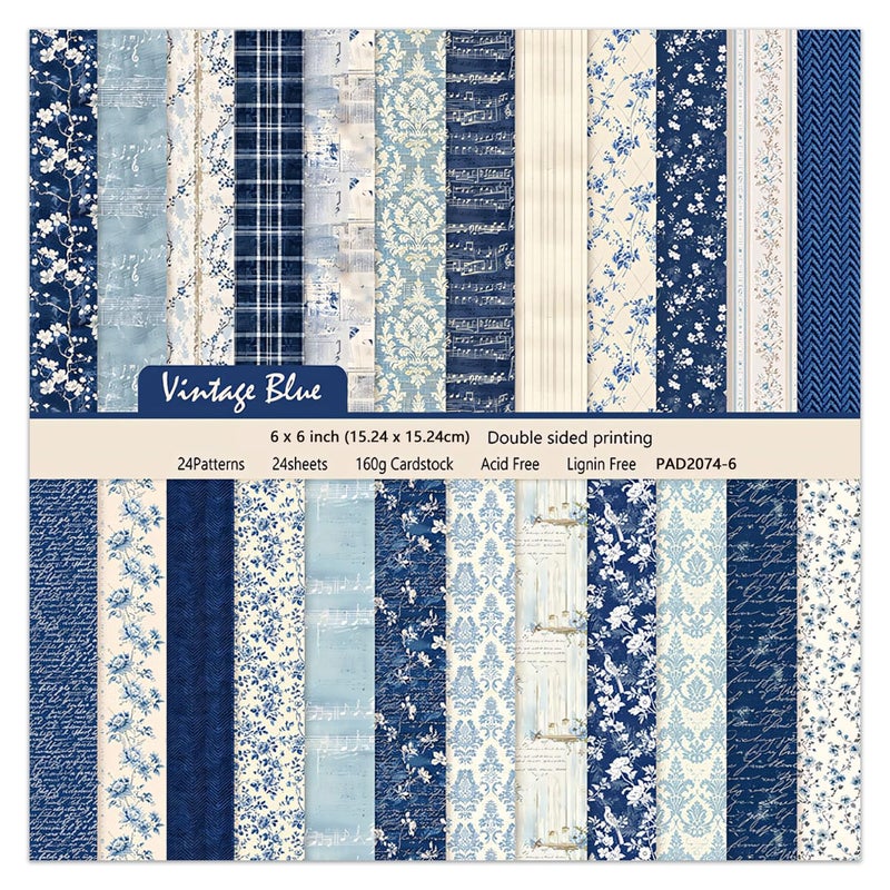 EAMOTOL 6 Inch Blue Floral Aesthetic Scrapbooking Paper Pad - 24 Sheets Double Sided Patterns for Background Photos Junk Journal Card Making Origami DIY Crafts Gifts Wrapping Material - Image 1
