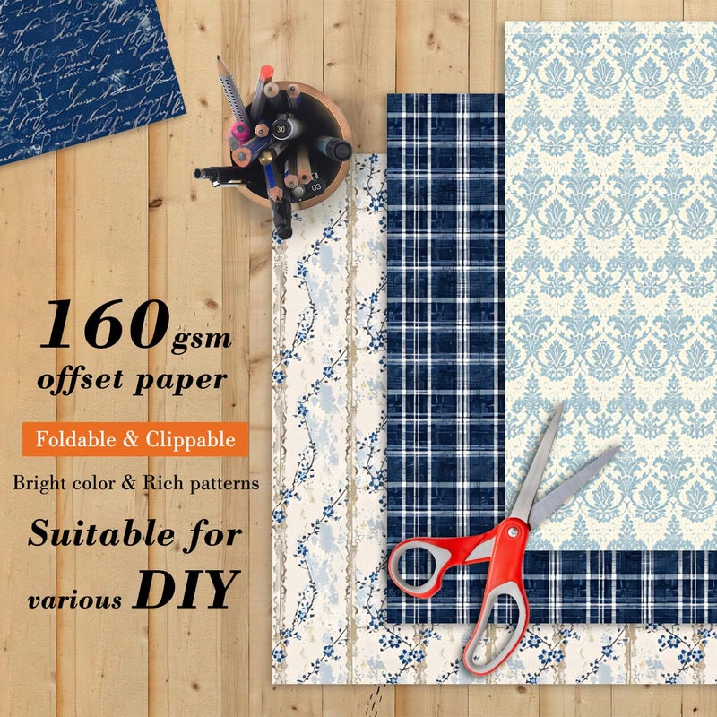 EAMOTOL 6 Inch Blue Floral Aesthetic Scrapbooking Paper Pad - 24 Sheets Double Sided Patterns for Background Photos Junk Journal Card Making Origami DIY Crafts Gifts Wrapping Material - Image 3