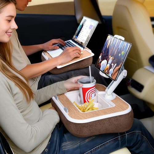 DICMKY Car Seat Tray Pillow Stand, Laptop Lap Desk with Mouse Pad, Portable Food Tray with Tablet/Kindle Mount Holder, Front/Rear Seat Table for Office/Eating/Reading, Travel Essentials Accessories - Image 1