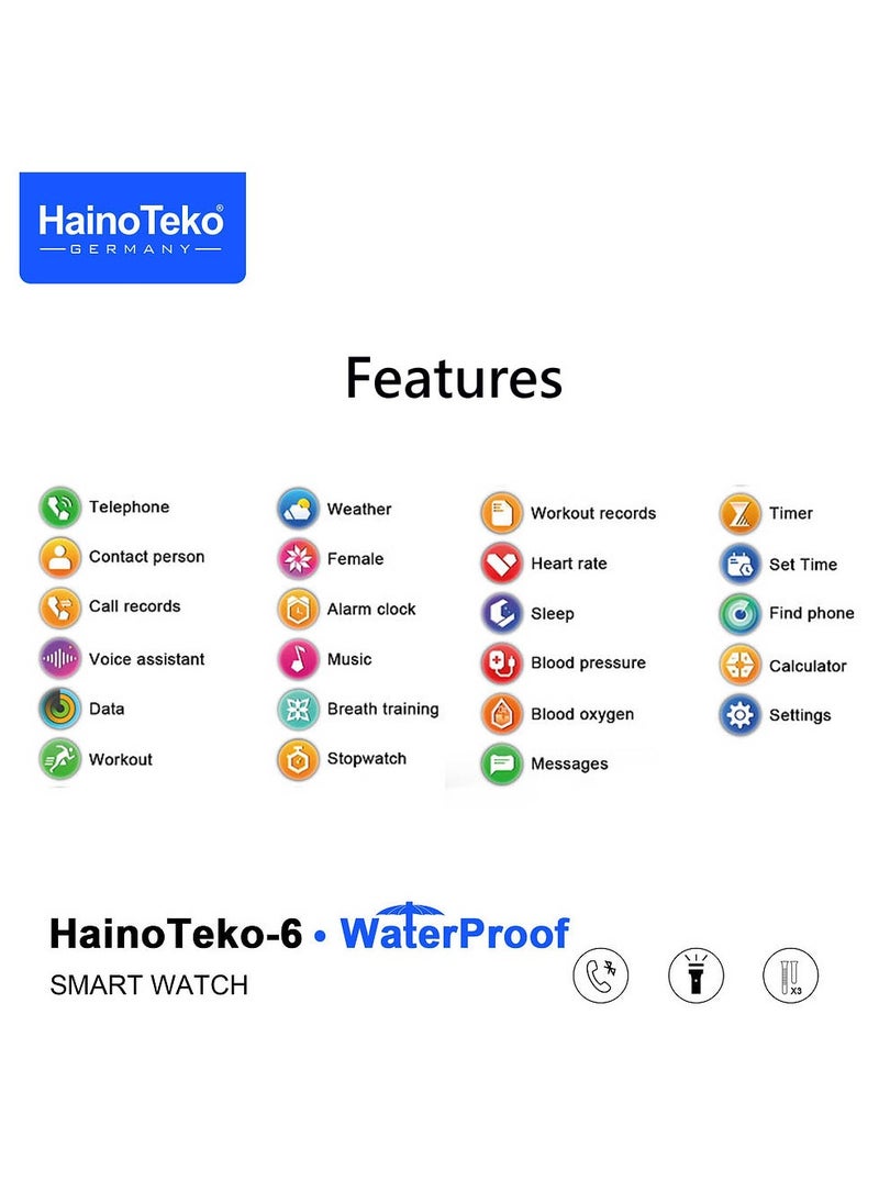 Haino Teko-6 Waterproof Smart Watch with AMOLED Display 3 Pair Strap and In-Built Torch Designed For Mens and Boys Black
