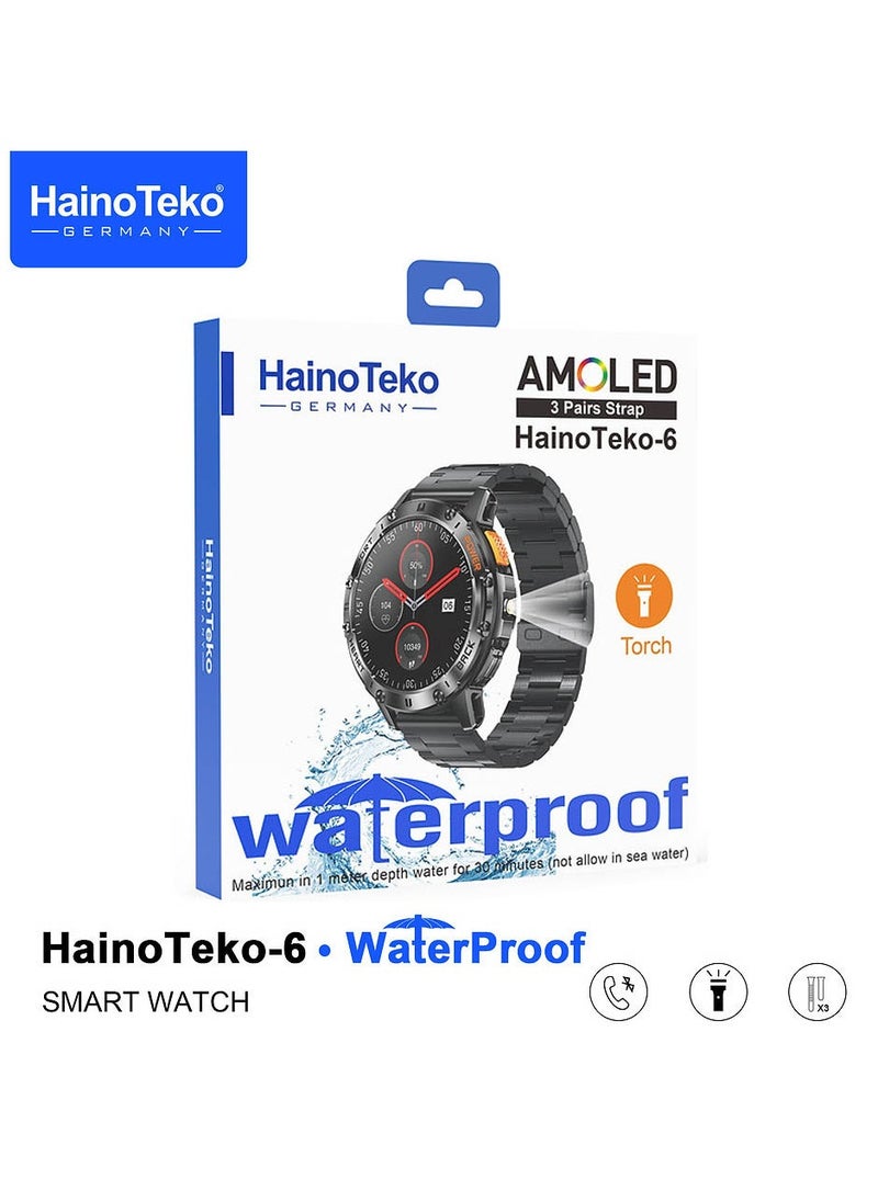 Haino Teko-6 Waterproof Smart Watch with AMOLED Display 3 Pair Strap and In-Built Torch Designed For Mens and Boys Black