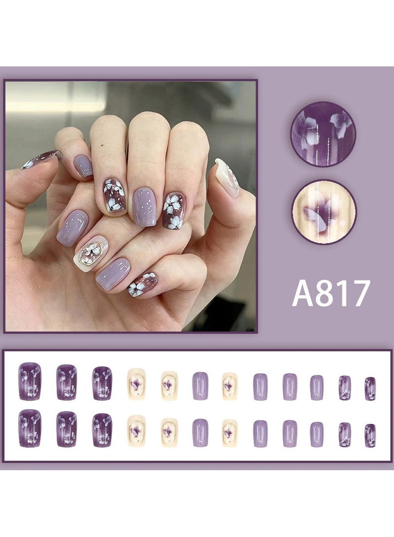 Goolsky Lilac Purple Floral Square Press On Nails – Sweet Gentle Style Elegant Detachable Fake Nail Tips, 24pcs Reusable, Daily/Casual Wear - Image 1