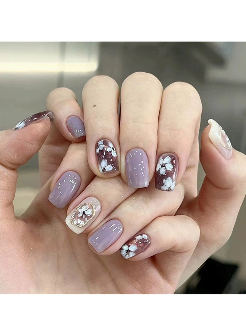Goolsky Lilac Purple Floral Square Press On Nails – Sweet Gentle Style Elegant Detachable Fake Nail Tips, 24pcs Reusable, Daily/Casual Wear - Image 2