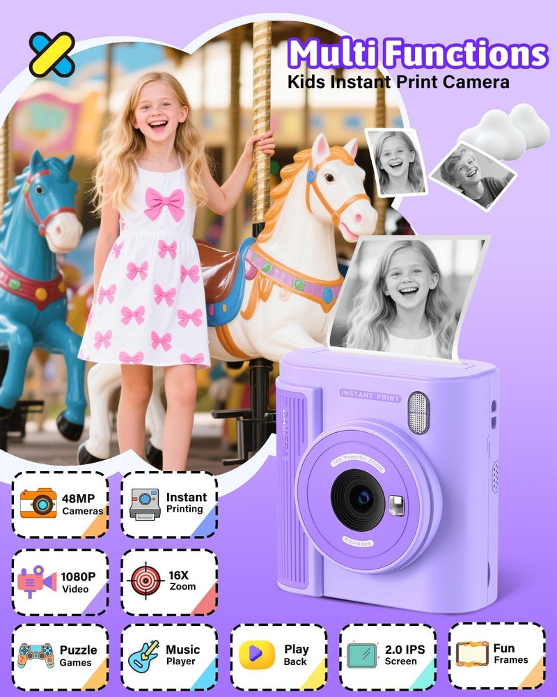 Mgaolo Kids Camera with Instant Print, Thermal Printing Digital Camera Toy for 3-12 Years Old Children, Safe Ink-Free Design, Present for Creativity & Learning (Purple) - Image 2