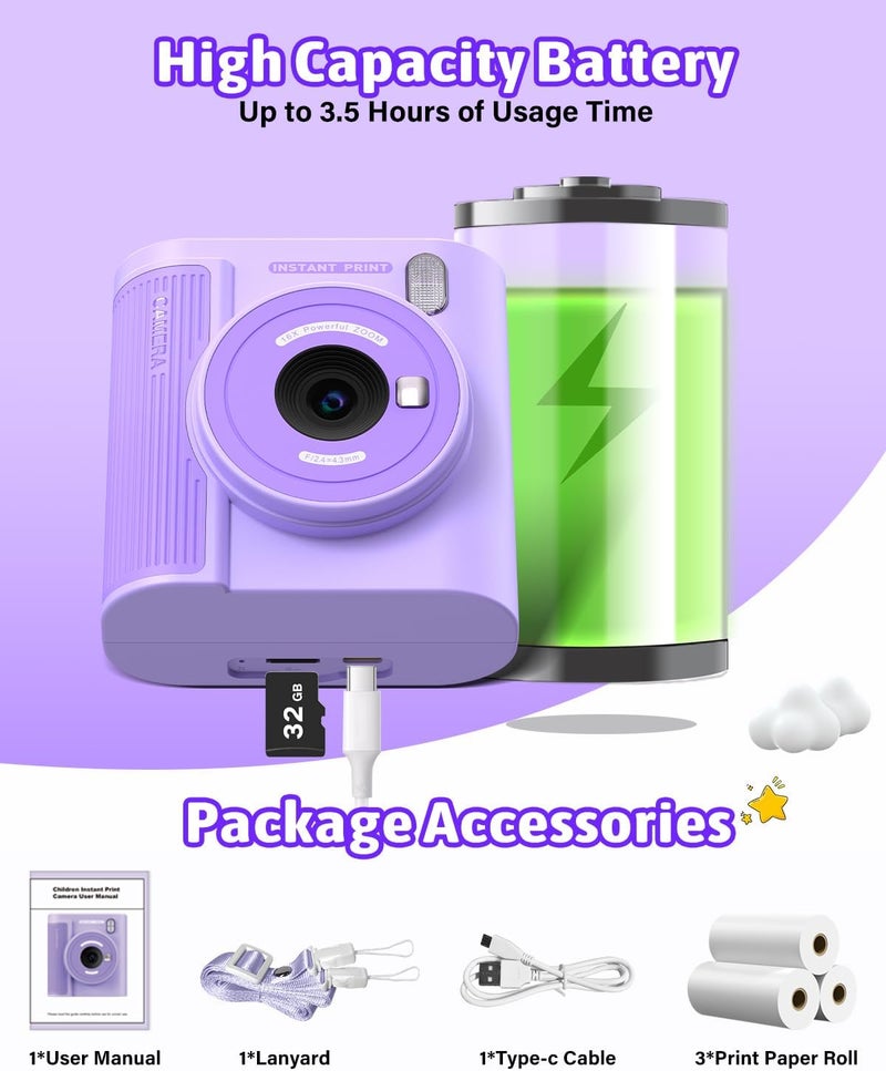 Mgaolo Kids Camera with Instant Print, Thermal Printing Digital Camera Toy for 3-12 Years Old Children, Safe Ink-Free Design, Present for Creativity & Learning (Purple) - Image 5