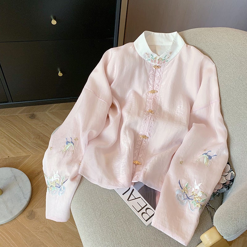 New Chinese Style Pink Embroidered Collar Long Sleeve Shirt Women'S 2024 Spring Guofeng Gentle Sweet Elegant Lightweight Top - Image 2