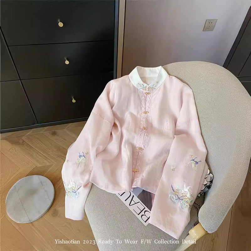 New Chinese Style Pink Embroidered Collar Long Sleeve Shirt Women'S 2024 Spring Guofeng Gentle Sweet Elegant Lightweight Top - Image 3