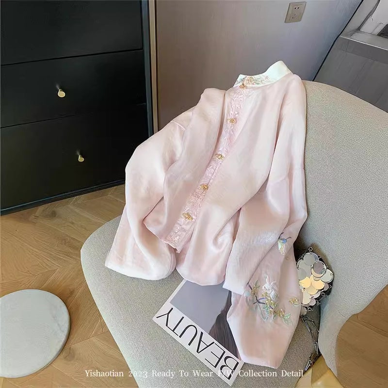 New Chinese Style Pink Embroidered Collar Long Sleeve Shirt Women'S 2024 Spring Guofeng Gentle Sweet Elegant Lightweight Top - Image 4